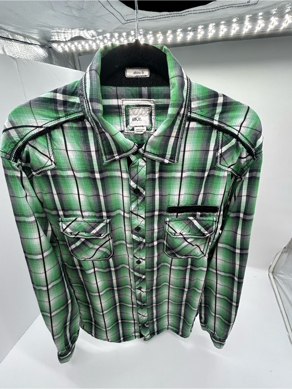 BKE Green and Black Plaid Athletic Fit Cotton Button-Down Shirt XL